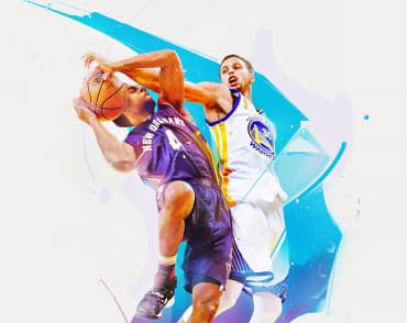 Два игрока играют в баскетбол